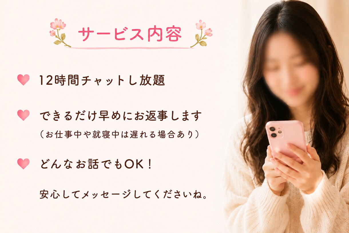 12時間チャットし放題♪愚痴恋愛悩み寄り添います あなたのペースを大切にしながら否定せず最後までお聞きします イメージ2