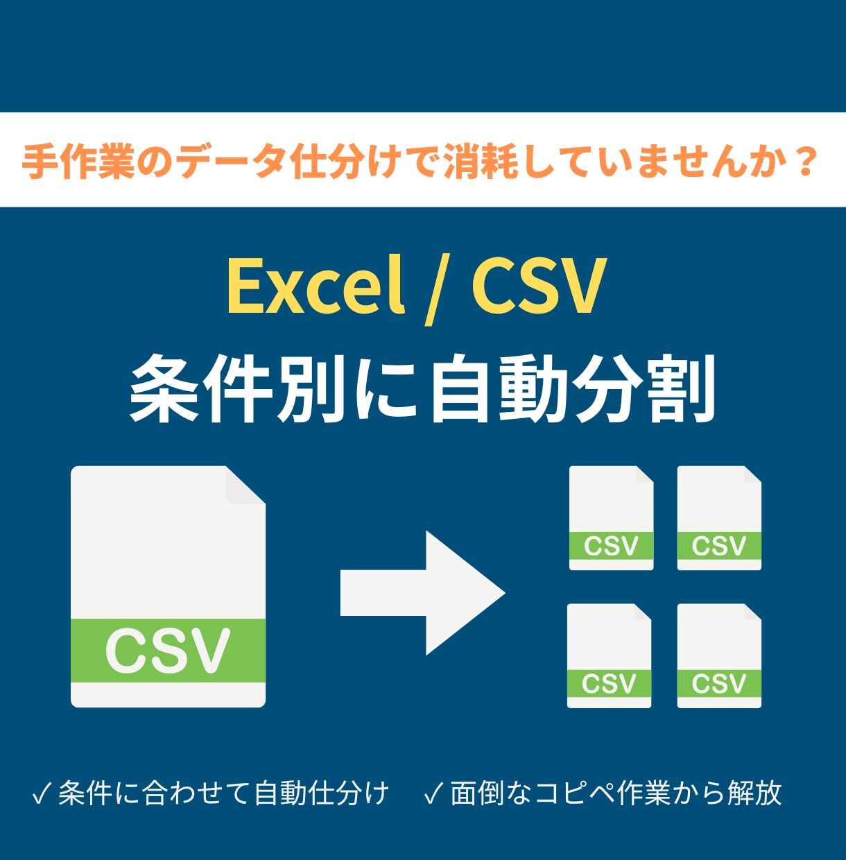 大量のCSVを条件別に自動分割し仕分けます 得意先や担当者ごとにCSVを一瞬で分割します イメージ1