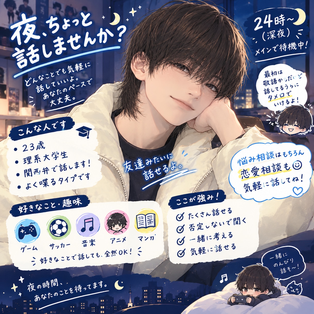 誰かと話したい夜に。恋愛、お悩み、何でも聞きます 聞くだけでも大歓迎！友達に電話するくらいの感覚で気軽にどうぞ イメージ1