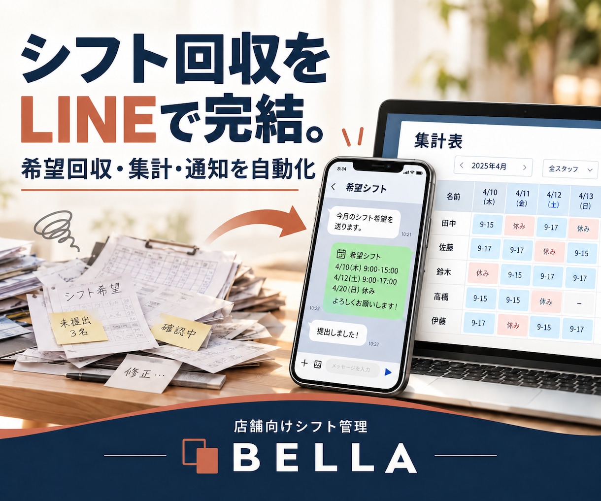 LINEでシフト希望の回収・集計を自動化します スタッフ30名まで｜提出から確定通知を一元管理 イメージ1