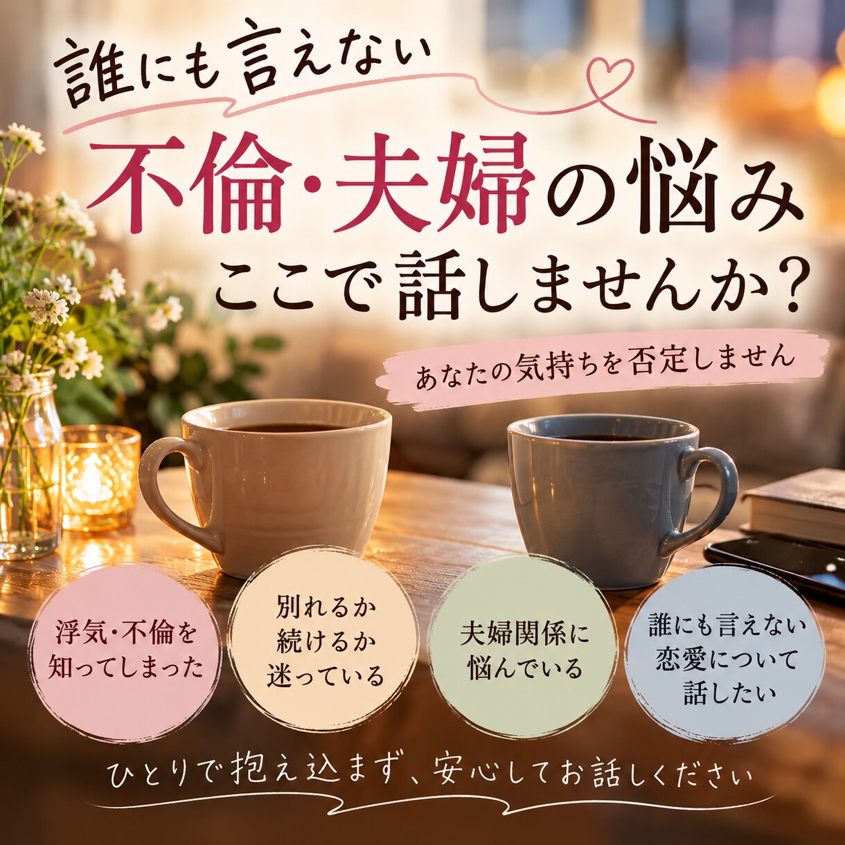 不倫・夫婦の誰にも言えない悩みをお聞きします 疑い・裏切り・別れる？続ける？その気持ちを否定しません イメージ1