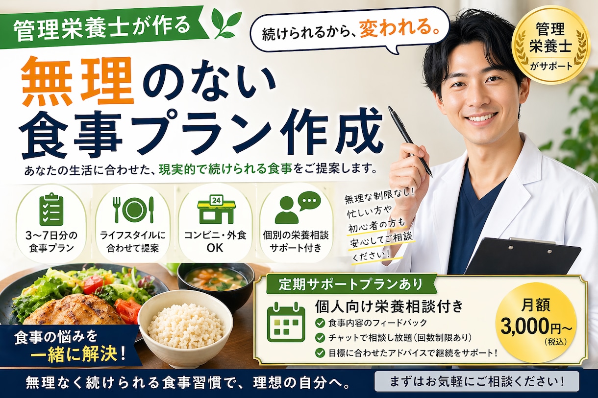 挫折しないダイエット食事プランを作成します 頑張らなくても続く設計。実践できる食事プランを作ります。 イメージ1