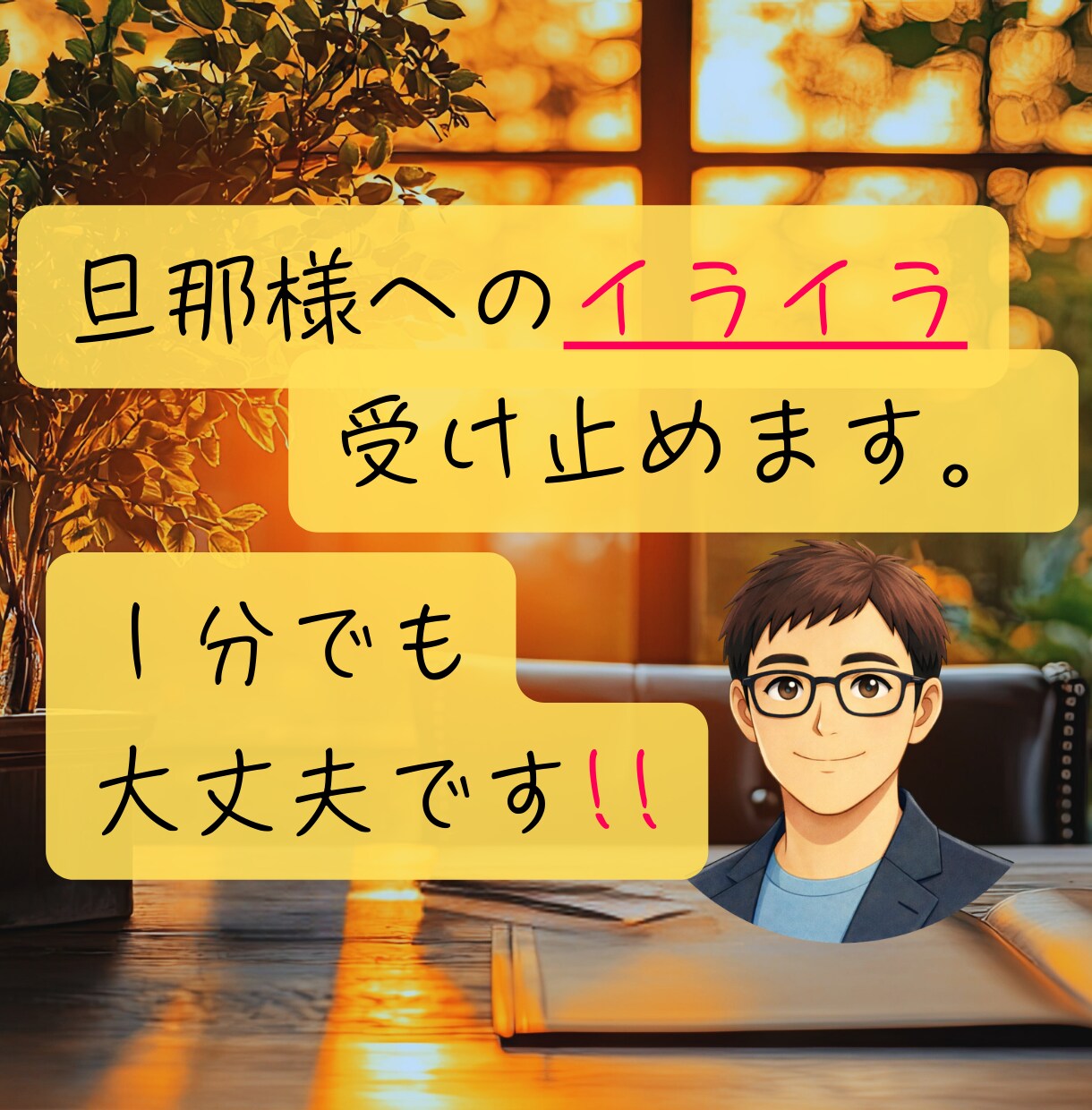 旦那様へのイライラ。自分が受け止めてます 『夫（旦那）にモヤモヤ…愚痴OK‼️｜夫婦問題を電話で整理』 イメージ1