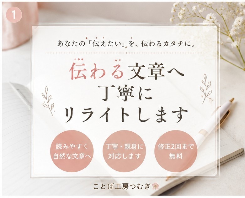 伝わる文章へ丁寧にリライトします あなたの「伝えたい」を、伝わる文章へ。 イメージ1