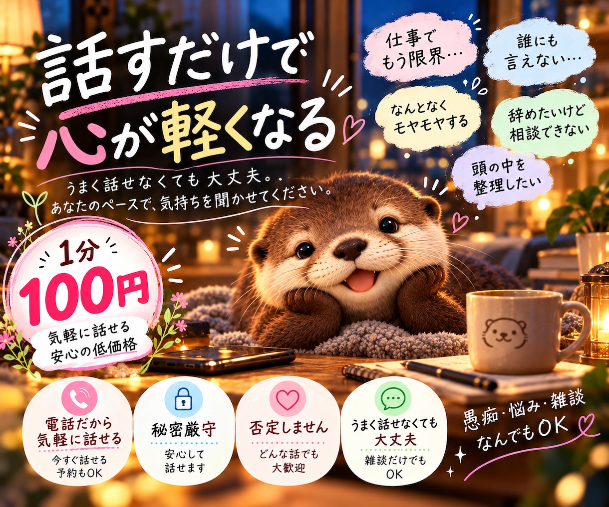 今すぐ電話OK！仕事や人間関係の愚痴や悩み聞きます うまく話せなくても大丈夫。接客歴11年の私がじっくり伺います イメージ1