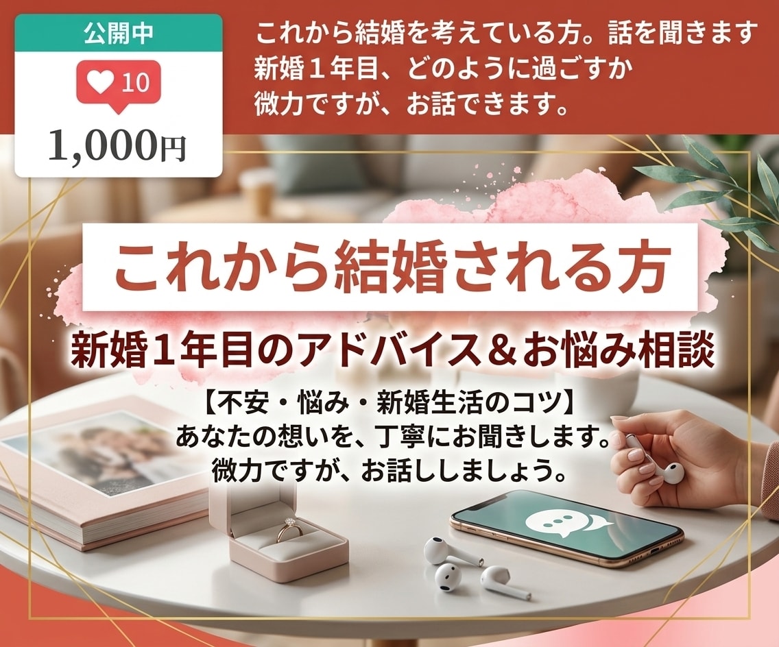 これから結婚を考えている方。話を聞きます 新婚1年目、どのように過ごすか微力ですが、お話できます。 イメージ1