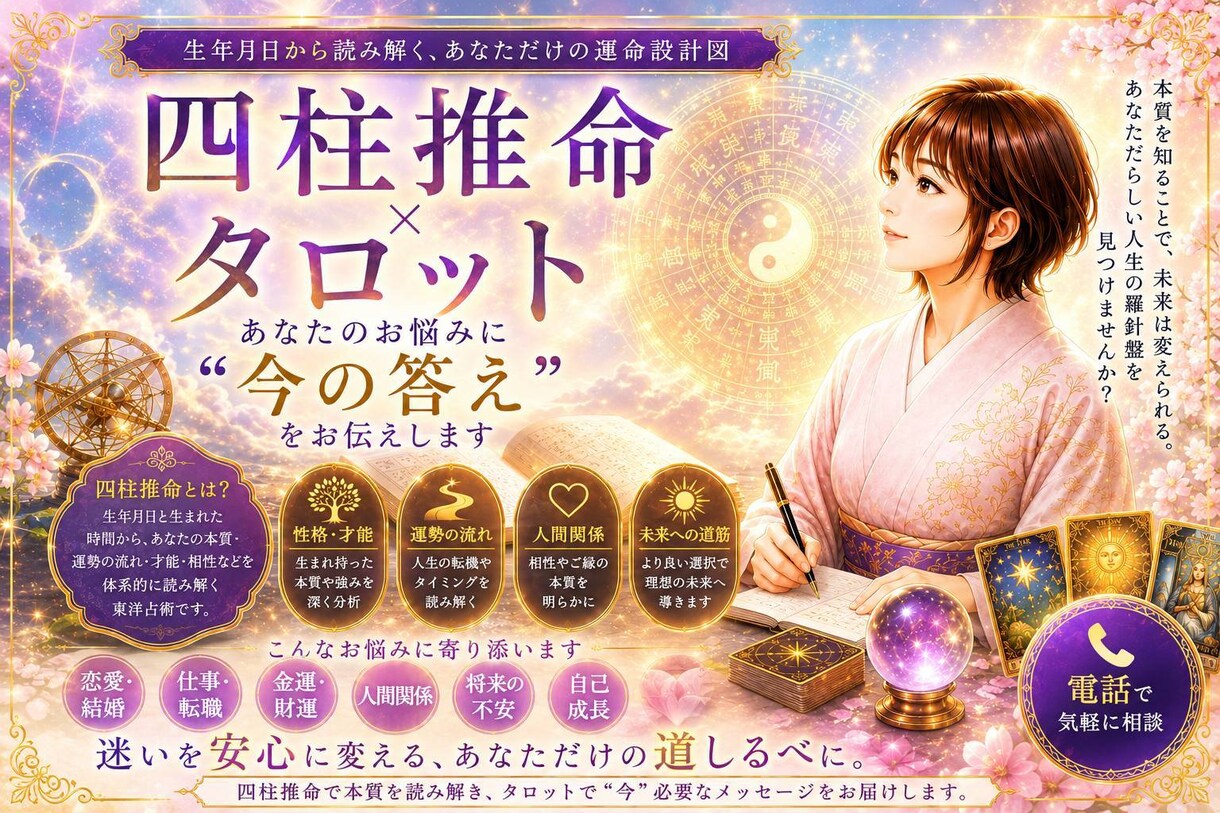 四柱推命|タロット|お悩みを"今すぐ"解決します 恋愛・相性・金運・仕事・人間関係起こすべき行動をお伝えします イメージ1