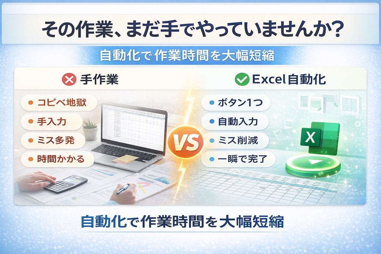 エクセル Excel作業を最短仕組み化いたします マクロ、VBAを用いて自動化し、時間を大幅短縮いたします。 イメージ2