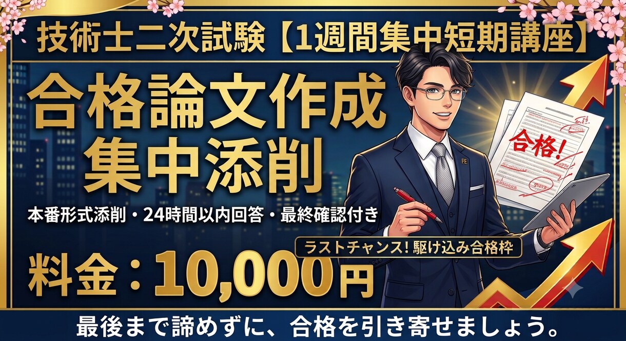技術士試験前日まで応援します 試験まで1週間集中短期講座で追い込みです。 イメージ1