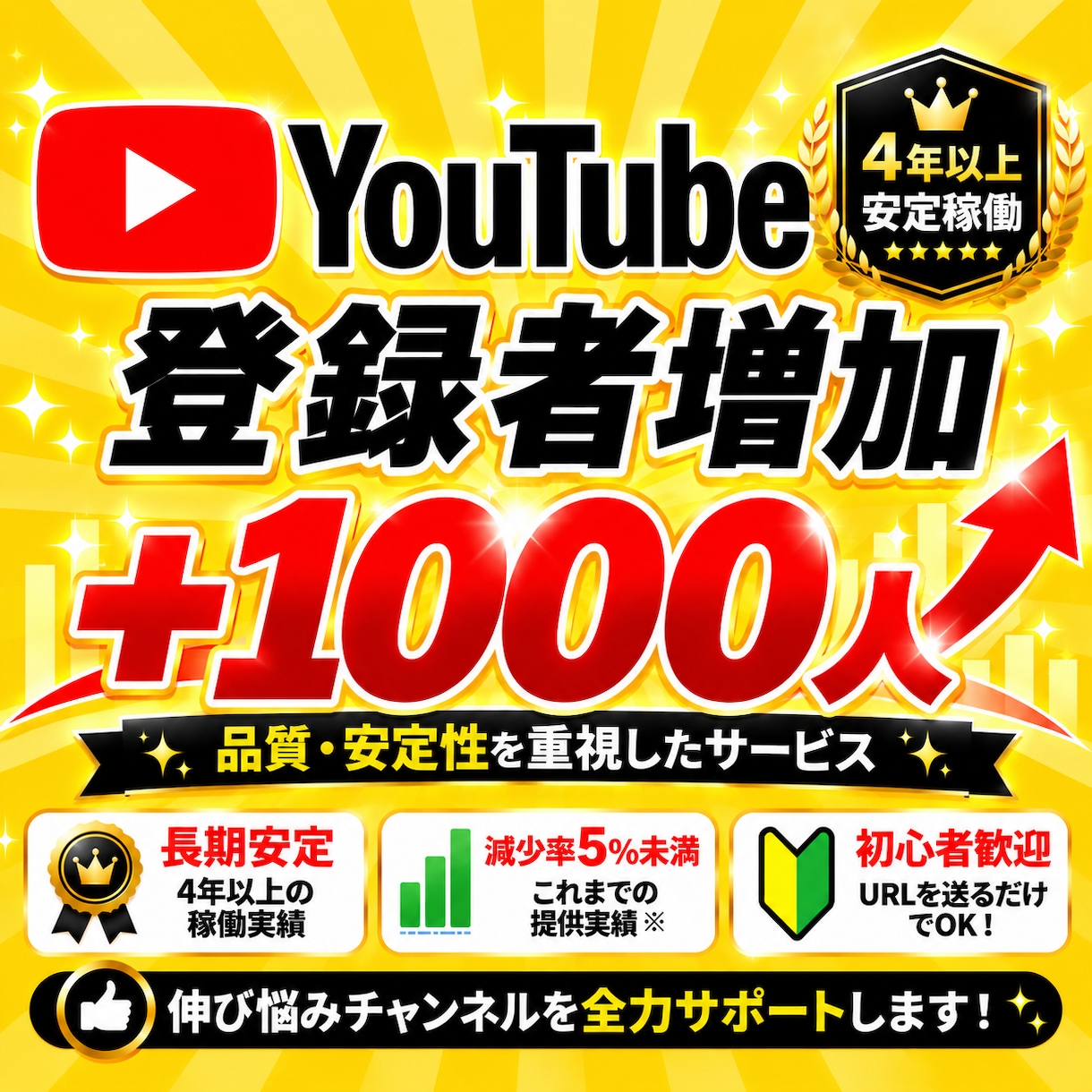 YouTube☆チャンネル登録1000人増加します 減少率5％未満★4年以上安定稼働！品質・安定性を重視 イメージ1