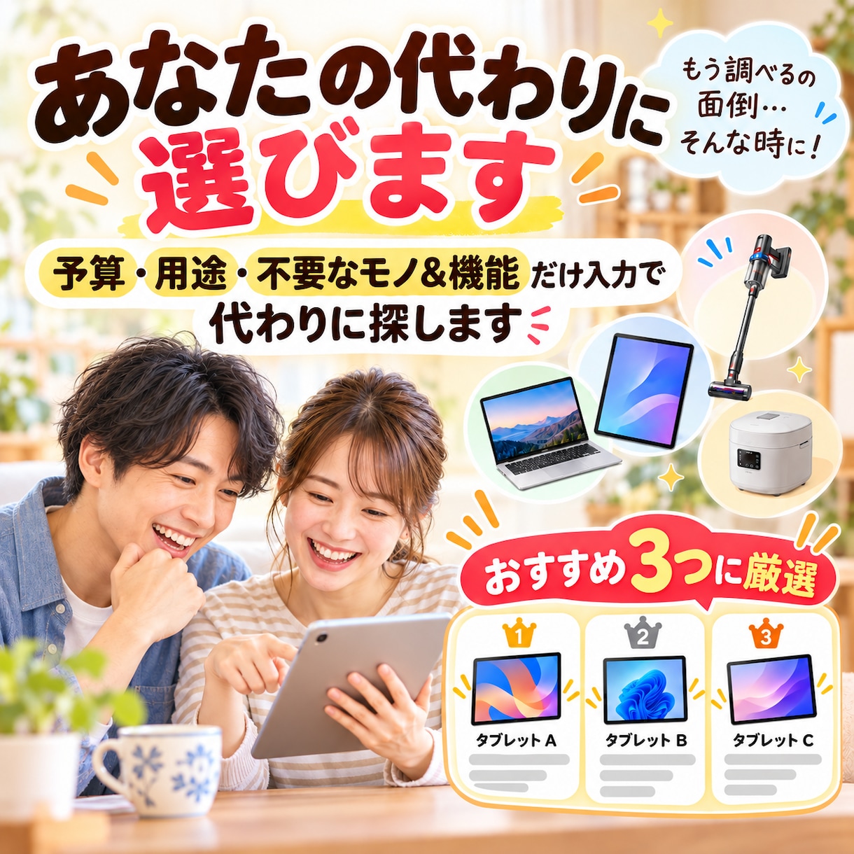 あなたの代わりに選びます 予算・用途・不要なモノ&機能だけ入力で代わりに探します！ イメージ1