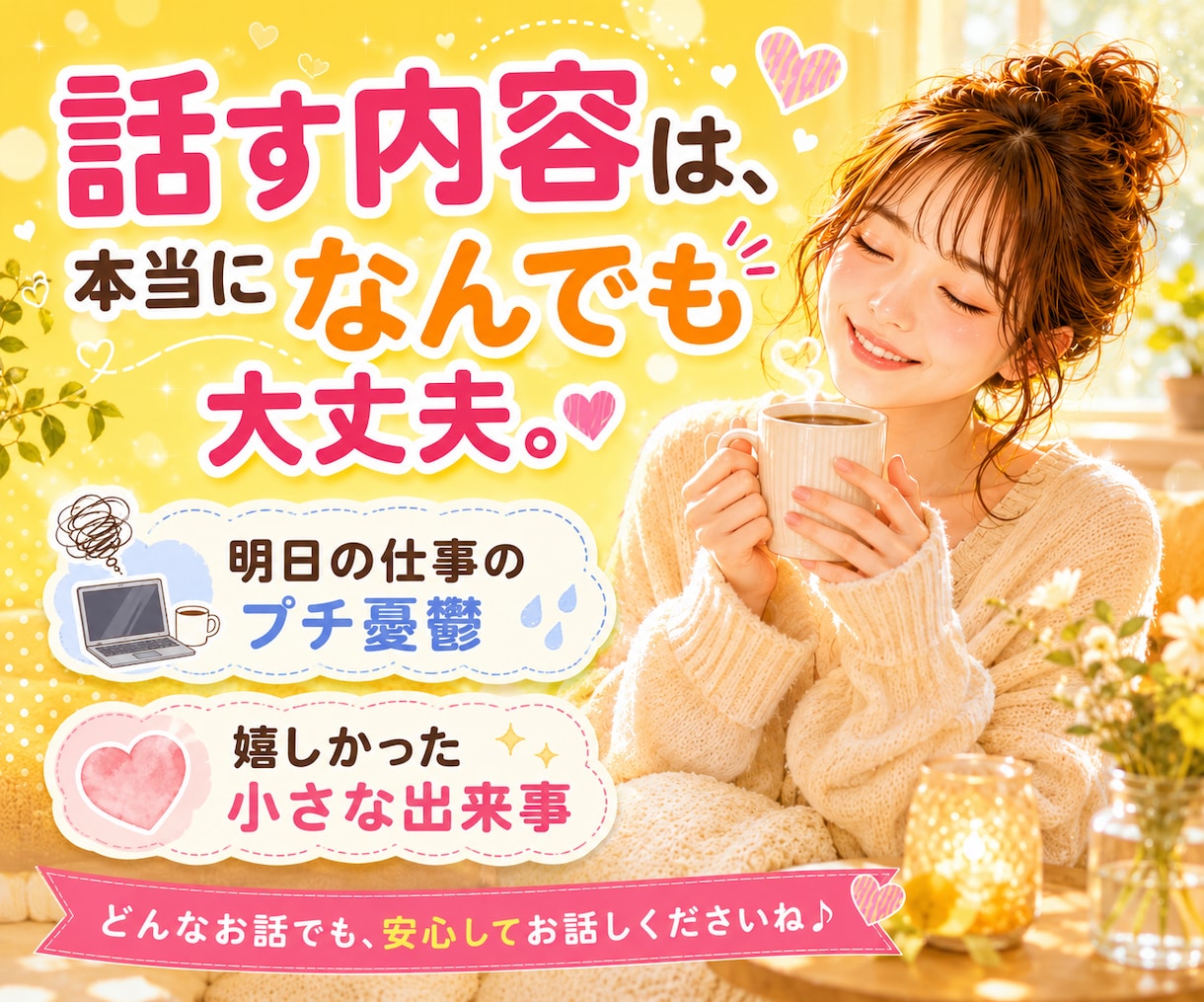 人恋しい夜に。あなたの話し相手になります 雑談/恋愛相談/愚痴聞き/人間関係の悩み/1分でもOK イメージ4