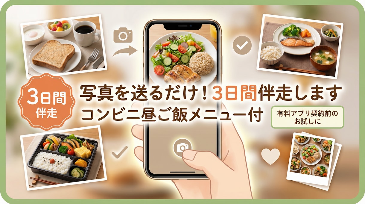 忙しい人のための3日間食事整理サポートします 写真を送るだけ／コンビニ昼メニュー付き イメージ1