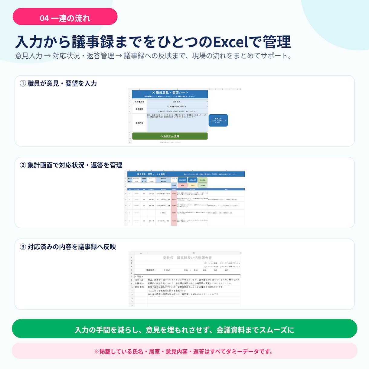 介護施設向け）現場の意見集計Excelを提供します QRスマホ入力オプション対応！自動集計・議事録反映 イメージ7
