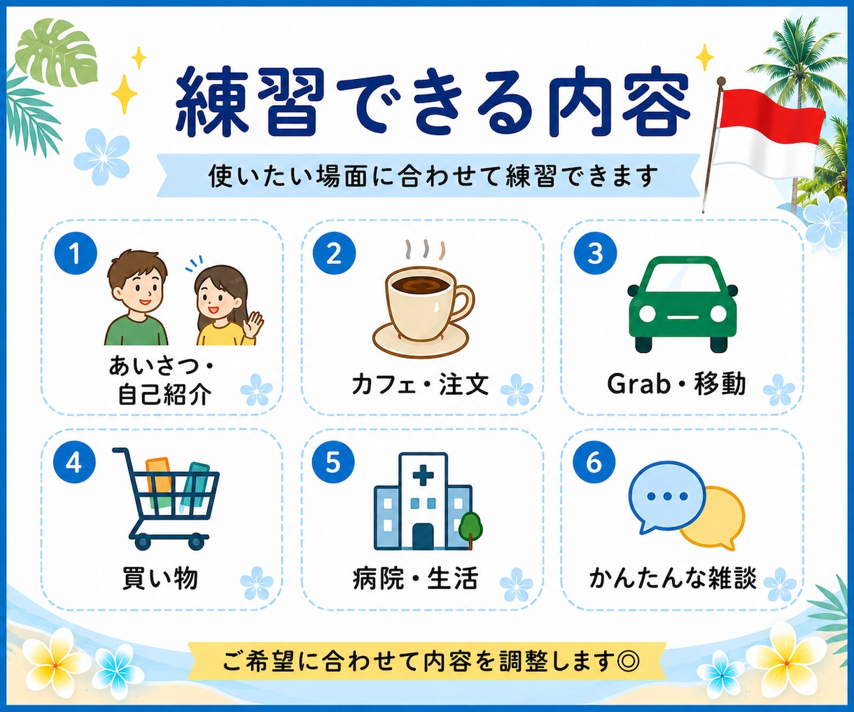 駐在・帯同・留学前に◎インドネシア語を練習します 初心者歓迎｜日本語で質問OK・30分から気軽に会話練習 イメージ4