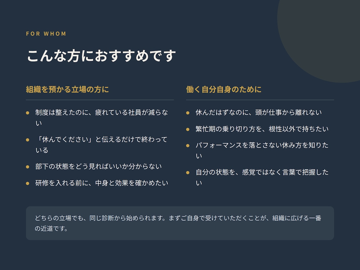 休み方診断+対話｜働く人と組織に処方します 「休んでください」だけじゃ変わらない、休みの専門家がサポート イメージ2