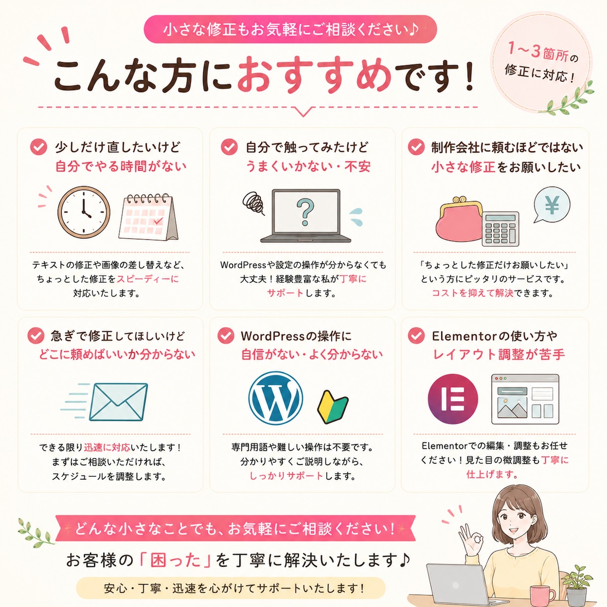 ホームページの文字修正・画像変更を代行します Wordpressの小さな修正もお気軽にご相談ください。 イメージ4