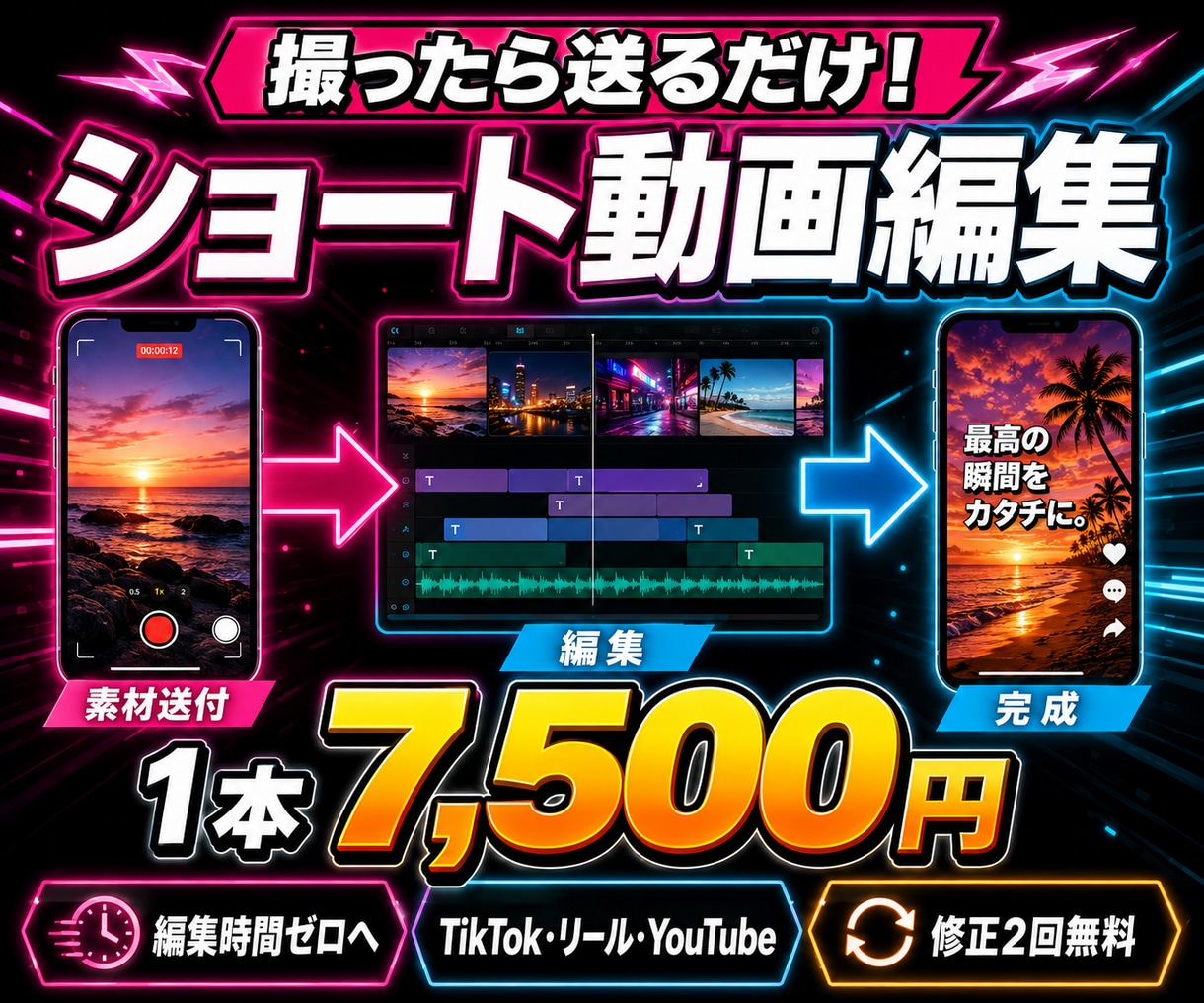 撮影素材を送るだけでショート動画を編集しますます 面倒な編集を丸投げ！撮った動画が投稿できる1本に イメージ1
