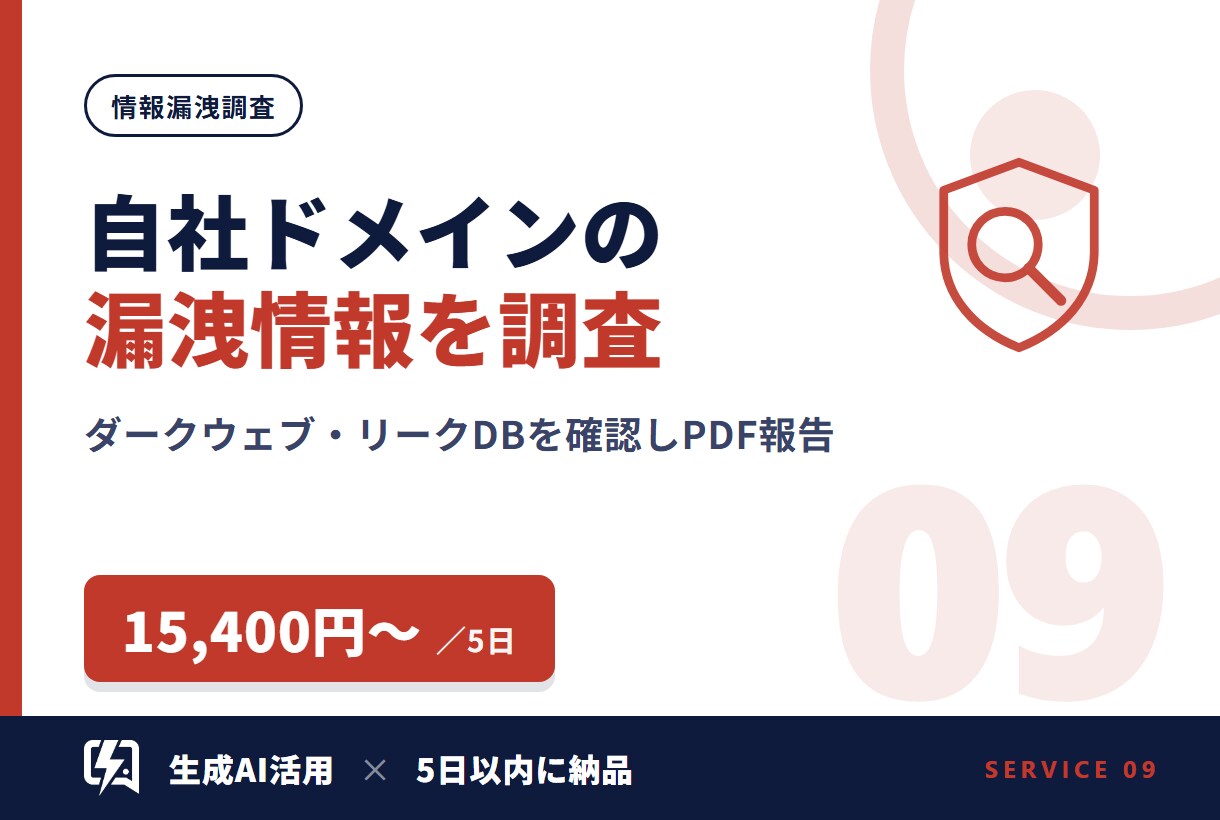 自社ドメインの漏洩情報を調査し報告します ドメイン１つ＋メール50件までリーク確認 イメージ1