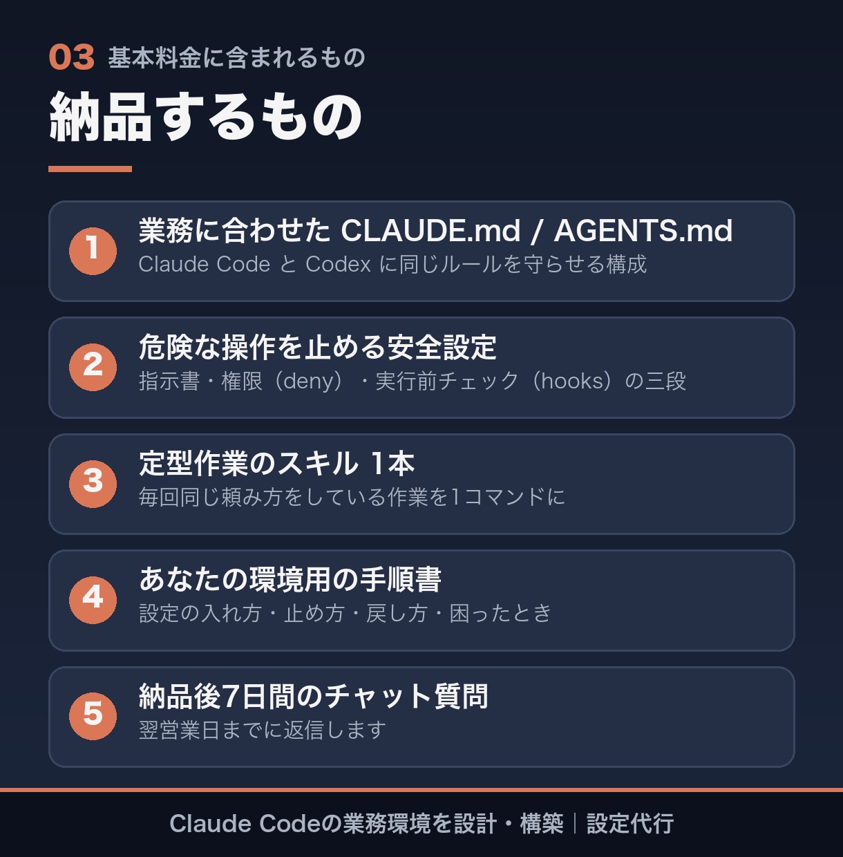Claude Codeの業務環境を設計・構築します 業務に合わせた指示書・権限・手順を一緒に整えます イメージ3