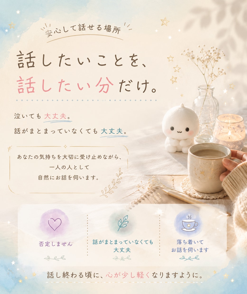 気持ちを整理するお話相手になります 無理に励まさず自然にお話を伺います イメージ1