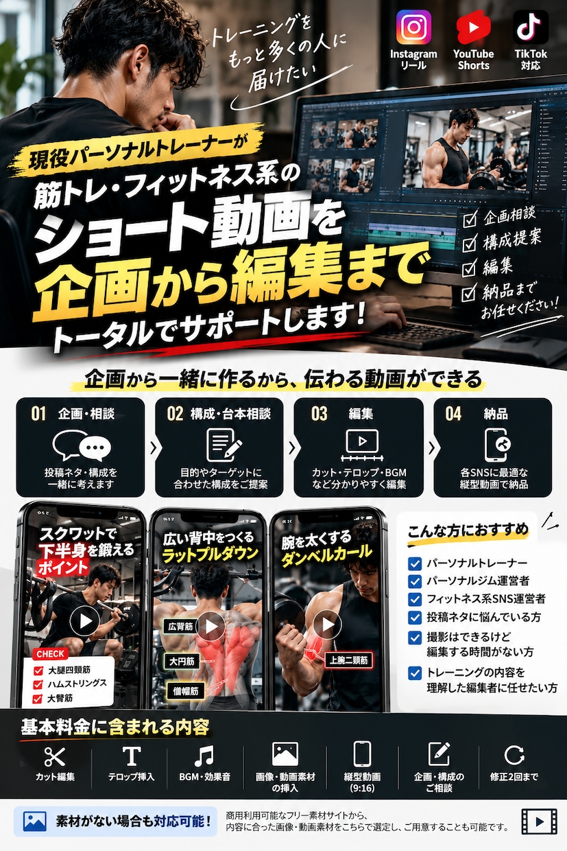 現役トレーナーが筋トレ動画を編集します 筋トレを理解した編集者がショート動画を制作 イメージ1