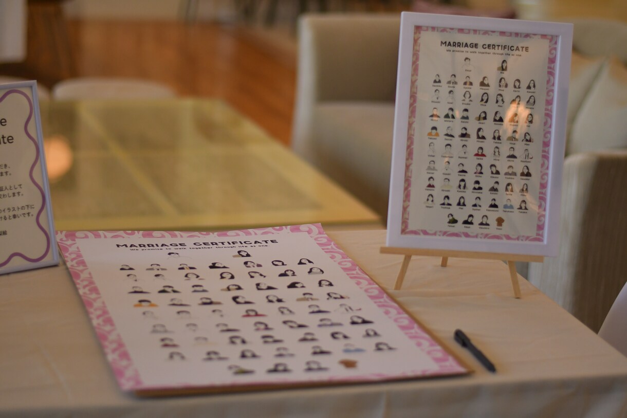 ゲスト様と作り上げる似顔絵結婚証明書を作成します ゲスト様が似顔絵にサインして完成する似顔絵入りの結婚証明書 イメージ2
