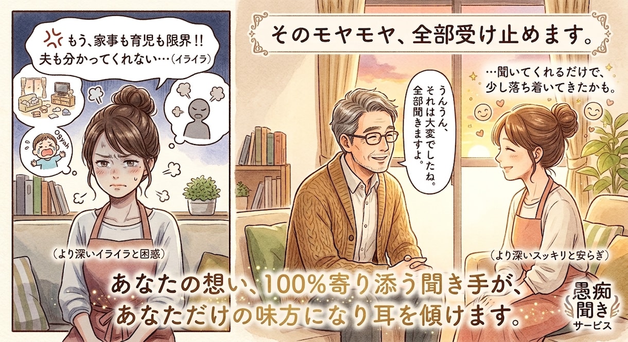 夫に言えぬワンオペ妻のモヤモヤ、味方で聞きます 100%あなたの味方になって心の声をすべて受け止めます イメージ1
