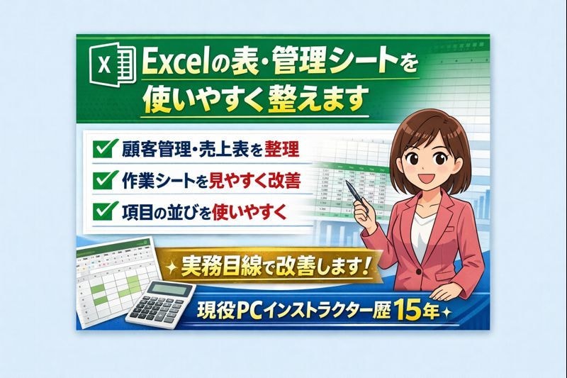 Excelの表・管理シートを使いやすく整えます 現役PCインストラクターが実務目線で改善します イメージ1