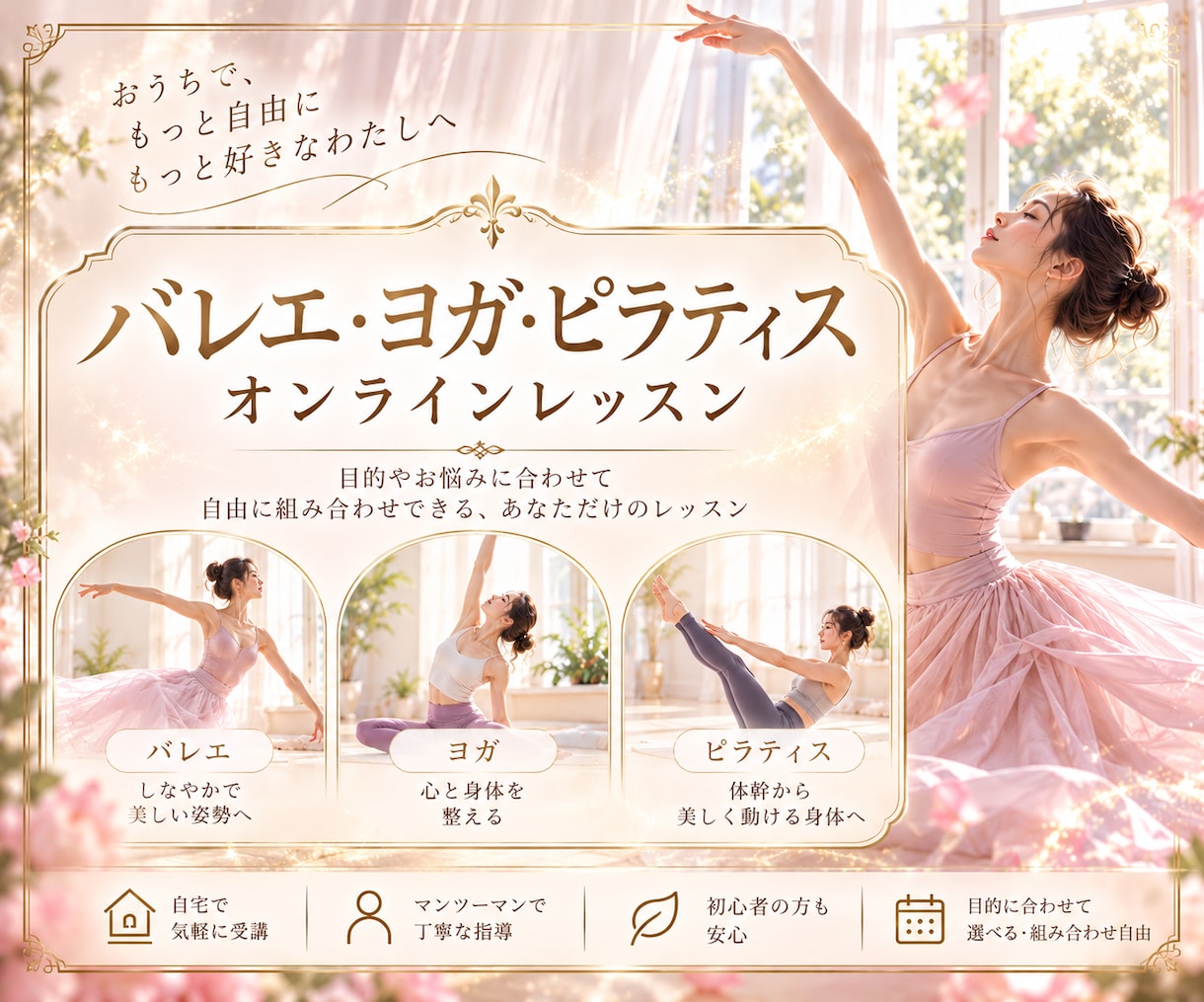 バレエ・ヨガ・ピラティスから選べるレッスンをします 目的やお悩みに合わせて自由に組み合わせできる個人レッスン♪ イメージ1