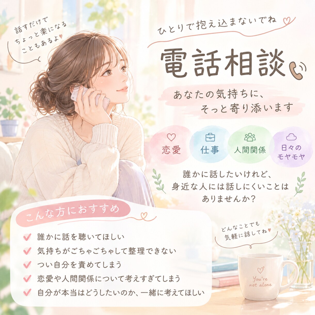 うまく話せなくても大丈夫｜お悩み相談聞きます まとまっていない気持ちも、否定せずに一緒に整理します イメージ1