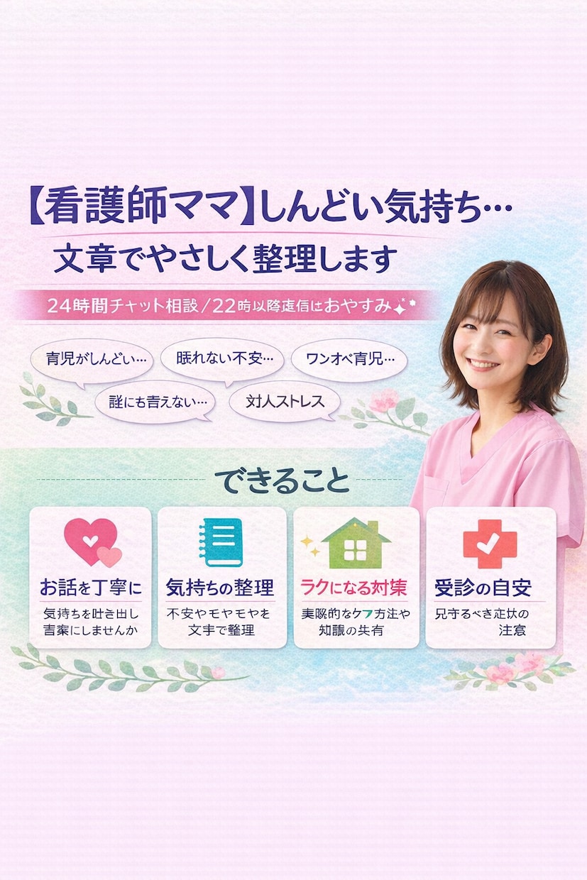 ひとりで抱えなくて大丈夫。文章で気持ちを整えます 看護師ママが寄り添います。あなたの気持ちを丁寧に言語化 イメージ1