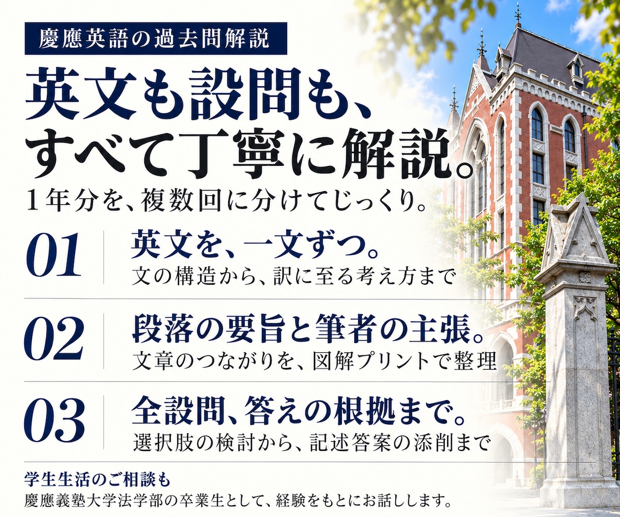 慶應義塾大学の英語過去問を個別に解説します 慶應法卒の講師が、英文・設問・記述答案まで丁寧に解説 イメージ2