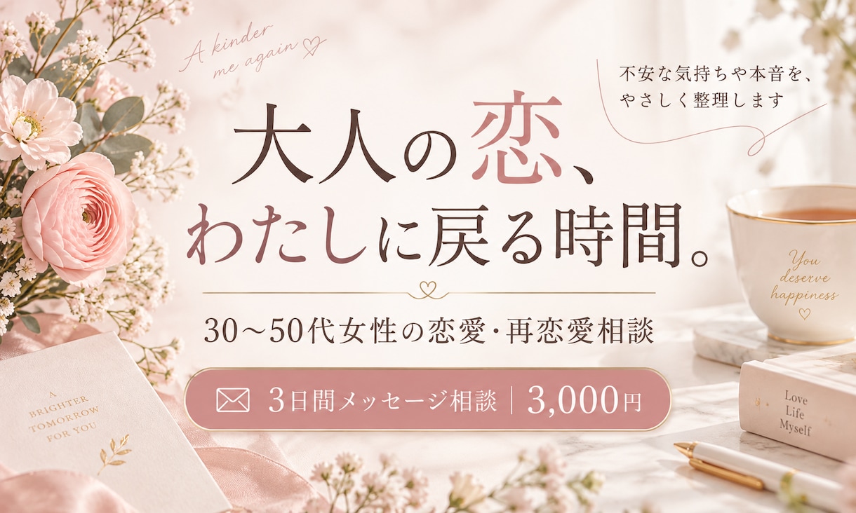 大人の恋愛のモヤモヤを一緒に整理します 30〜50代女性の再恋愛、不安や本音に寄り添います イメージ1