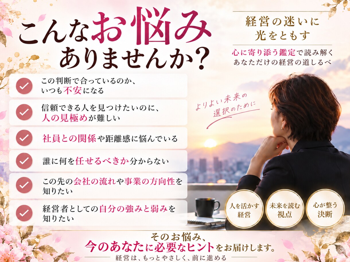 経営者としての本質・強み・未来を鑑定します 経営者の迷いを整理し、あなたらしい決断へ導きます イメージ3