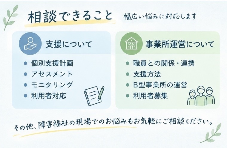 サビ管の仕事やB型運営の悩みを相談できます サビ管になったばかりの方へ。現場経験をもとに一緒に考えます イメージ3