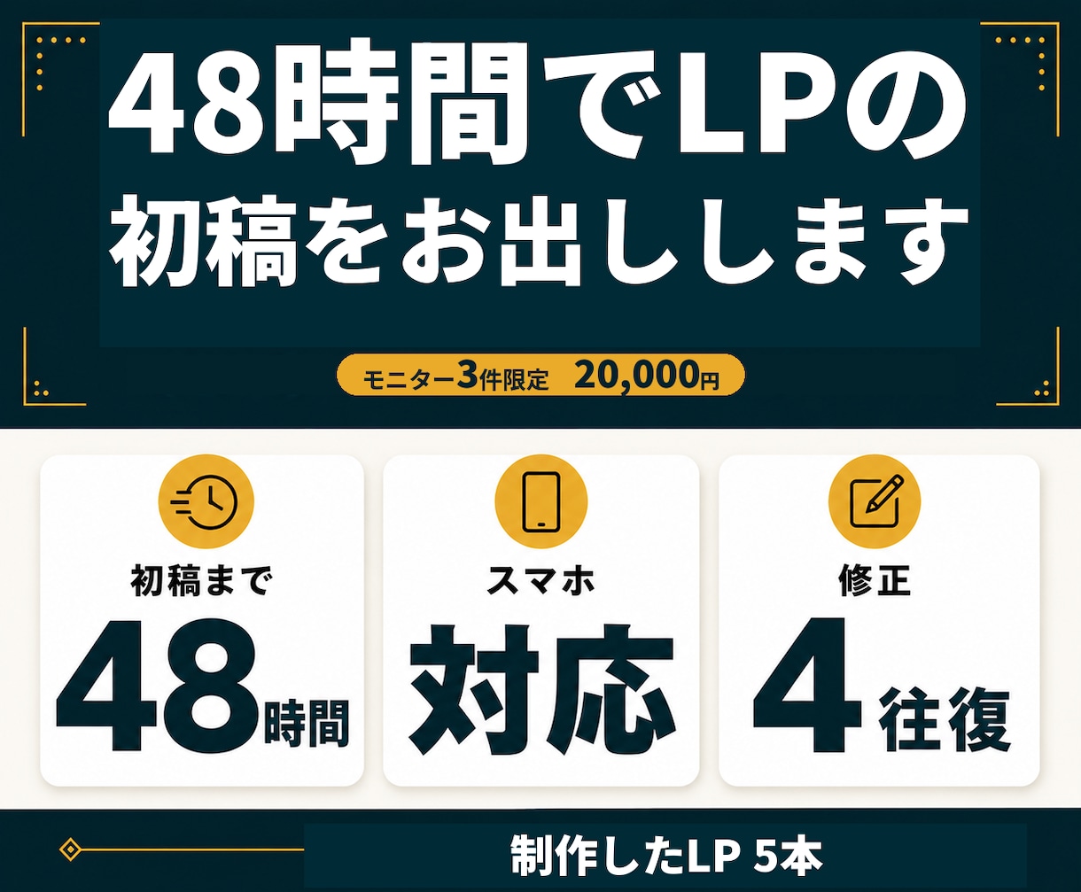 素材確定後48時間で1ページLP初稿を制作します モニター3件限定 20,000円|スマホ対応・修正4往復 イメージ1