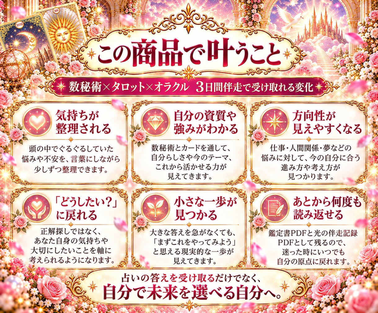 仕事・人間関係など人生のお悩みを占い3日伴走します 答えを探し続ける毎日から、自分で未来を選べる3日間へ イメージ4