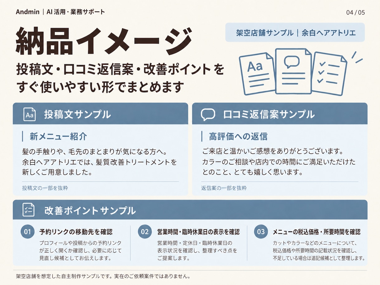 Googleマップ投稿文・口コミ返信案を作成します 投稿文4本と口コミ返信案をコピペできる形で納品します イメージ4