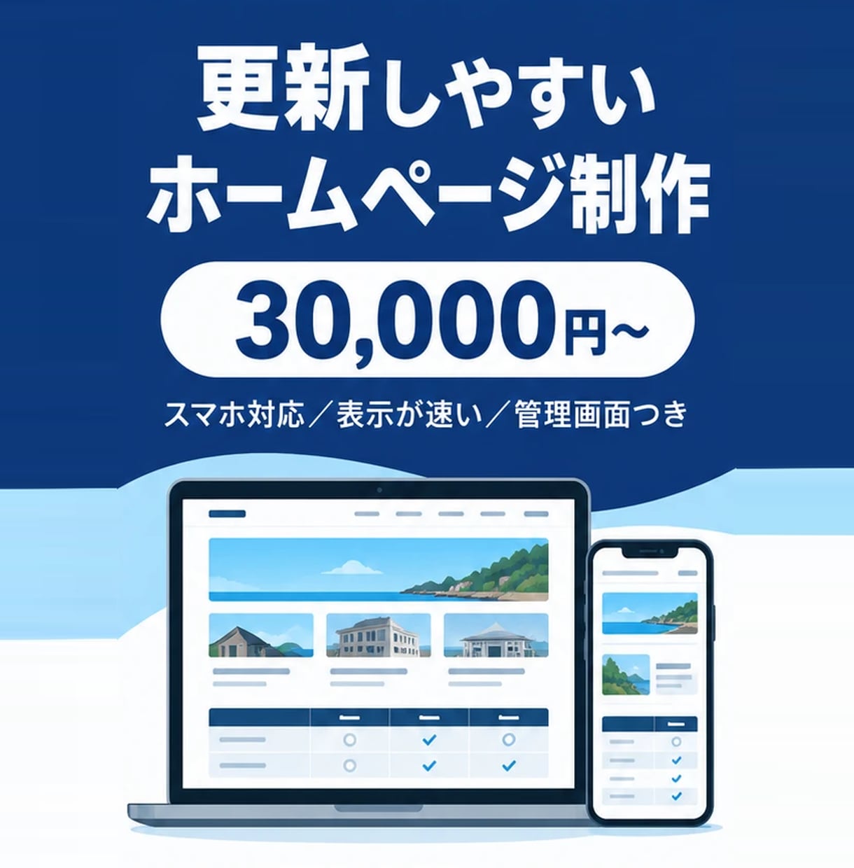 スマホ対応の更新しやすいホームページを作ります 公開した後は、お知らせや料金をご自分で書き換えられます イメージ1