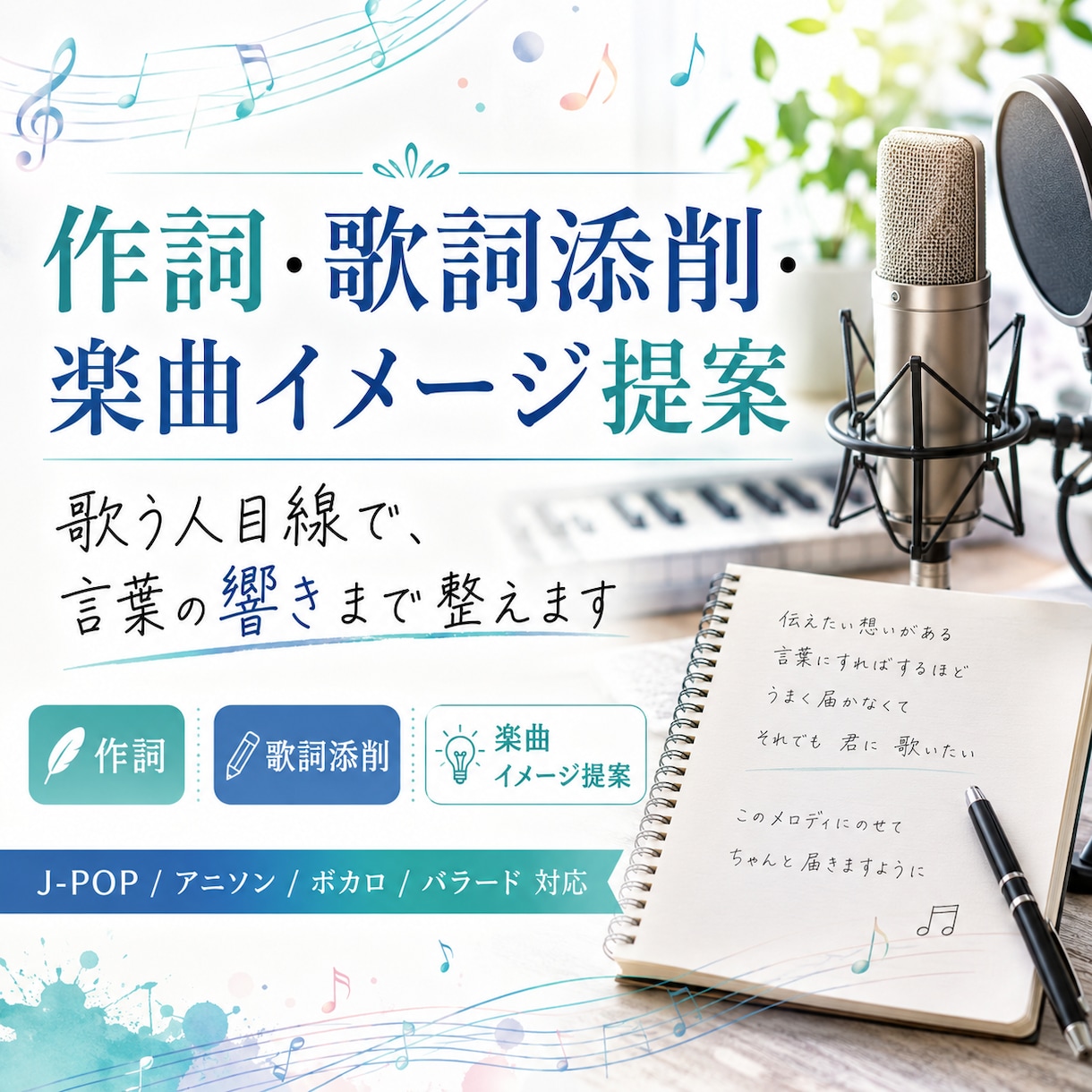 作詞・歌詞添削・楽曲イメージ提案をします 歌う人目線で、言葉の響きまで整えます イメージ1