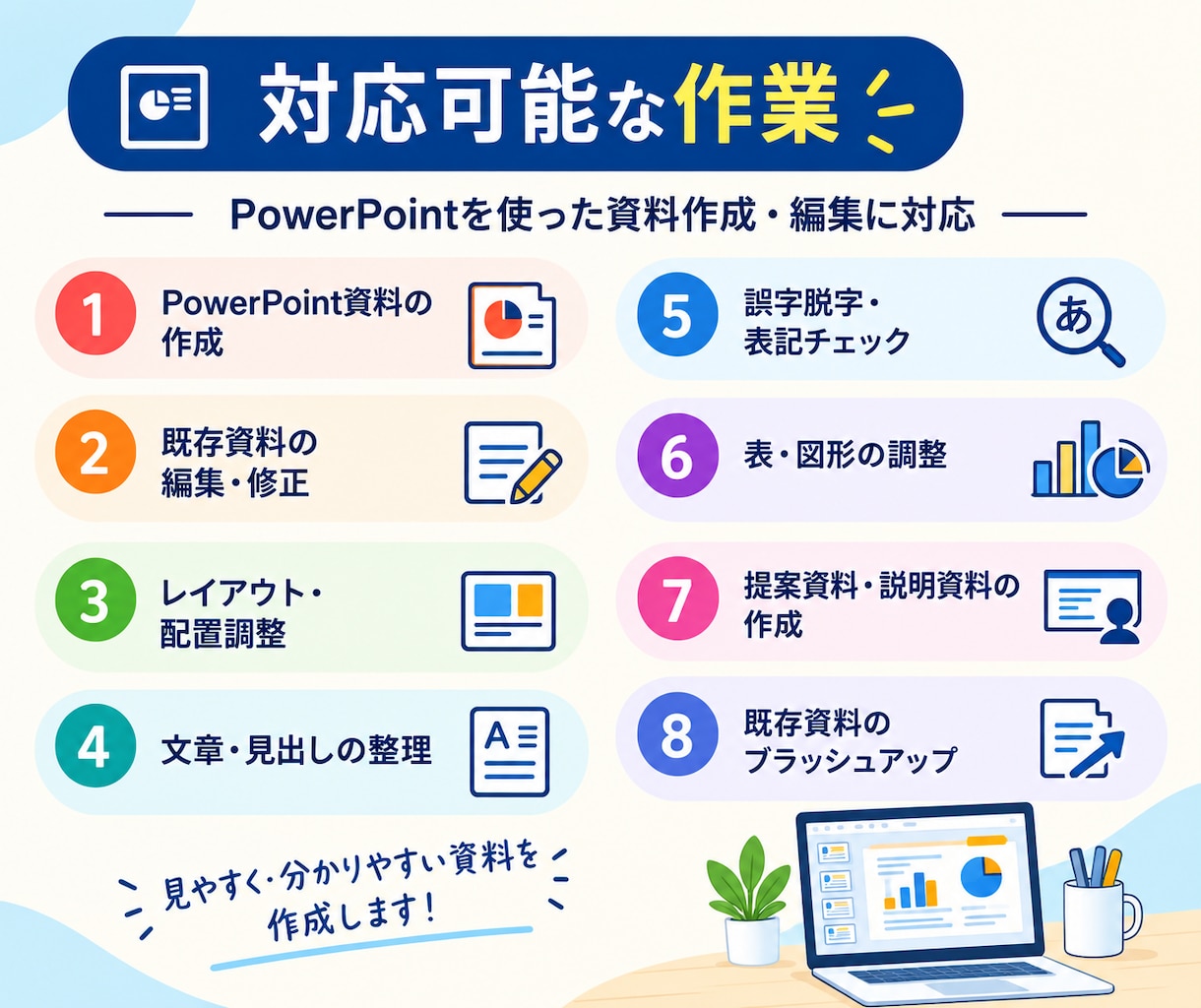 PowerPoint資料を作成・編集・校正します 資料の作成、見やすい資料への整理・校正など丁寧に対応します イメージ2