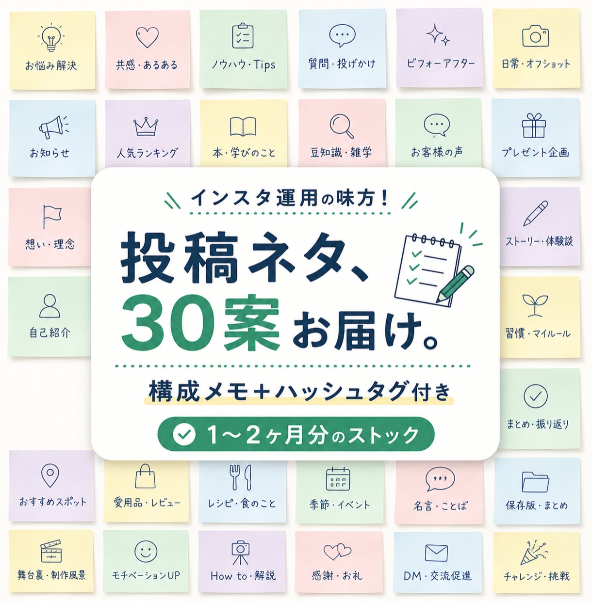 インスタ投稿ネタ30案をあなた仕様で作ります 業種と目的に合わせた投稿案＋構成＋ハッシュタグ付き イメージ1
