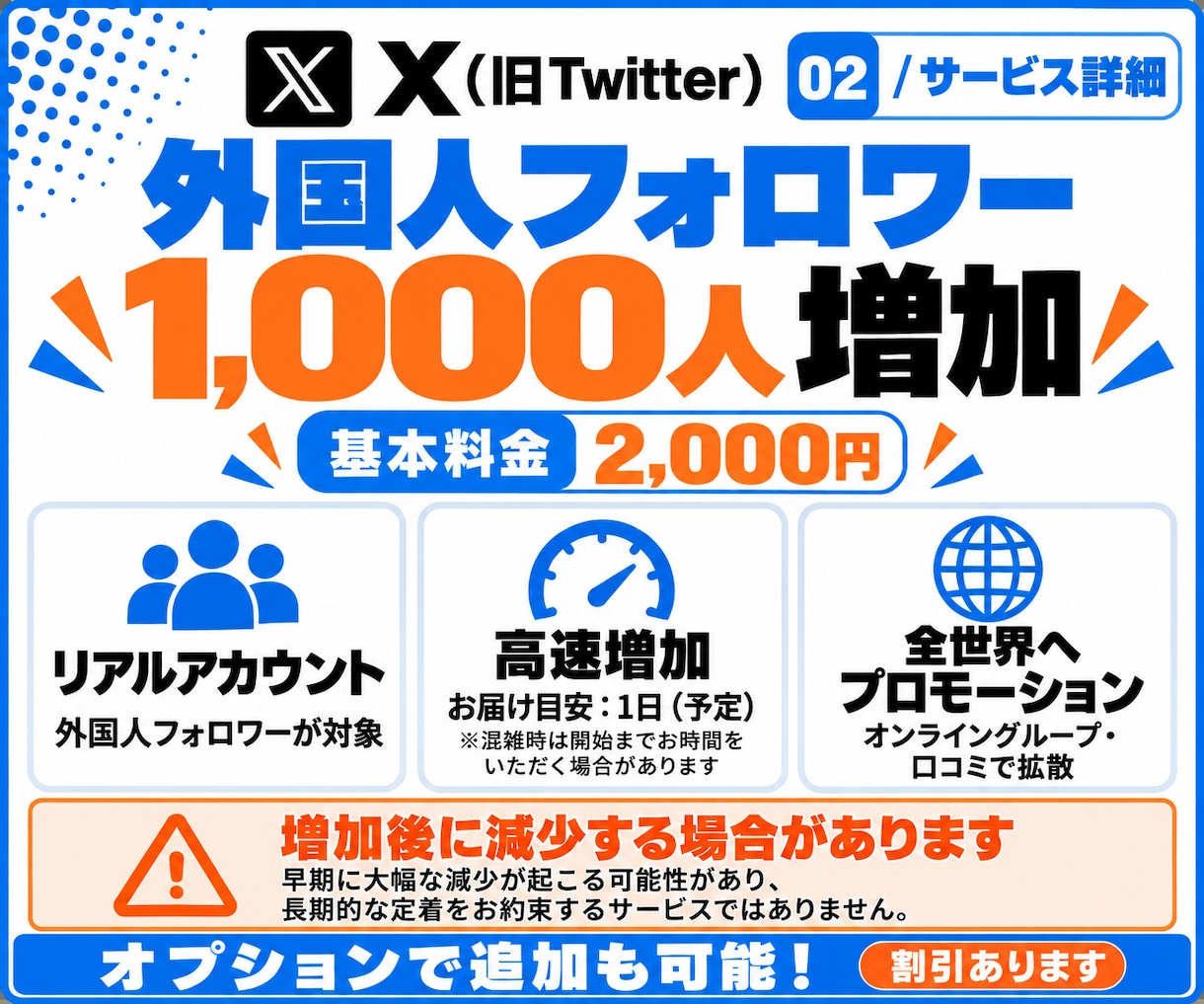 X 外国人フォロワー1,000人増やします リアルアカウントによる高速増加！オプション割引あります イメージ2