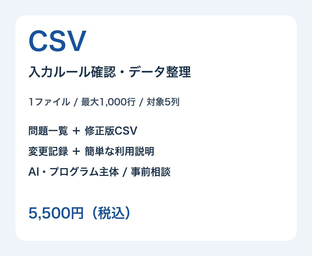 CSVの入力ルール確認とデータ整理を行います 問題一覧と修正版CSV・変更記録をお届け イメージ1