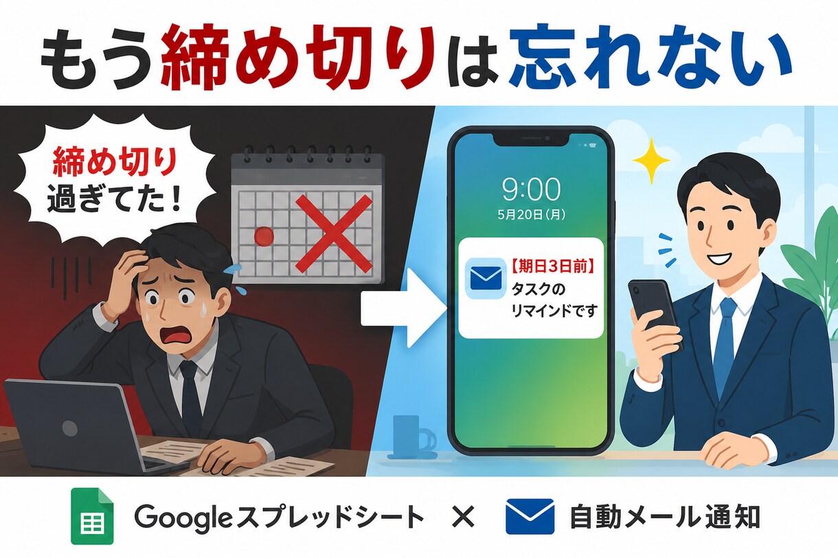 タスク期日をGASで自動メール通知します もう締め切り忘れない!毎朝自動でリマインド イメージ1