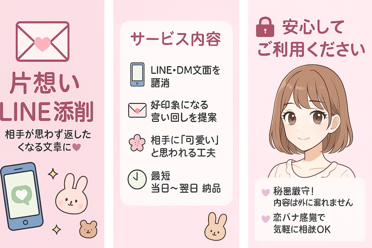 片想いLINEを可愛く添削♡恋愛成就を応援します 片想い・恋愛初期のLINEを一緒に可愛く仕上げます♡ イメージ1