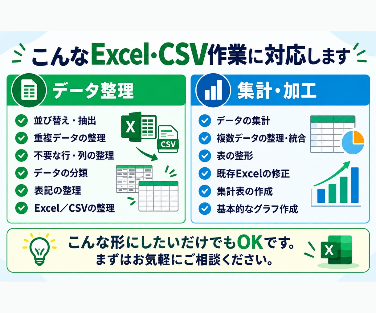 Excel・CSVのデータ整理・集計を代行します 面倒なExcel・CSVの整理・集計をまとめて代行します。 イメージ2