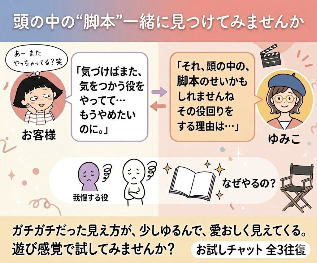ゆる〜くお試し3往復。頭の中の“脚本”見つけます なぜいつも同じ役回り？　その理由、一緒に見つけてみませんか イメージ2