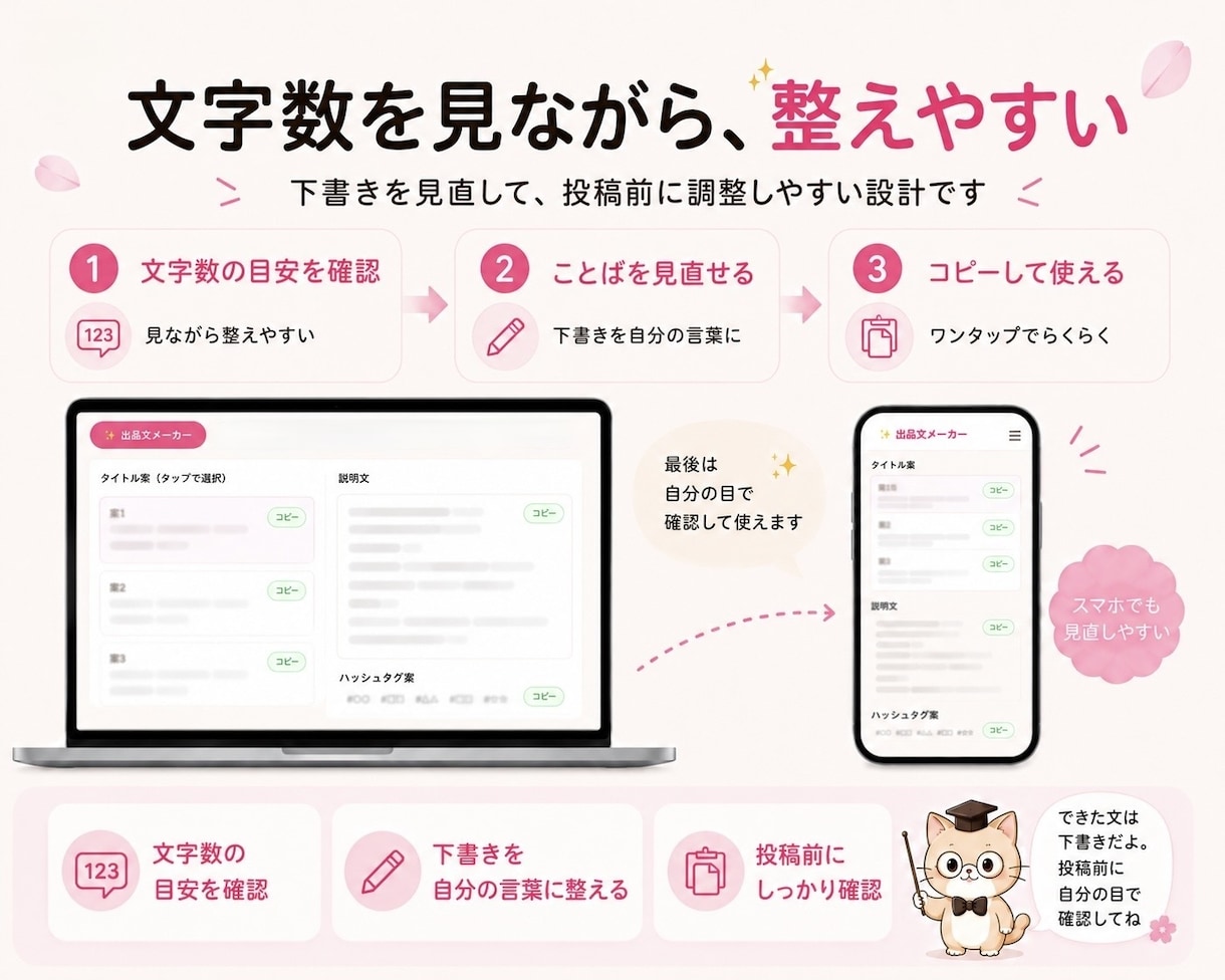 URLを開くだけでフリマ出品の世界へ飛び込めます 説明文づくりと出品前チェックができるかんたんキット イメージ6